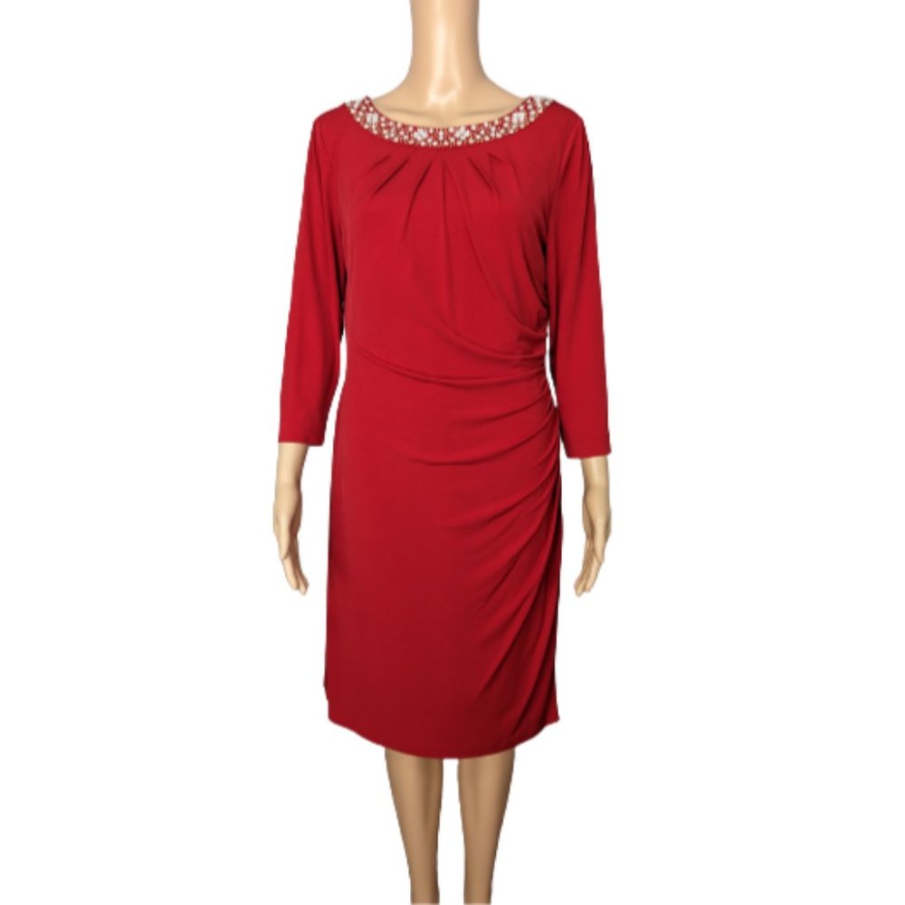 Tahari Arthur S Levine Jewel Embellished Ruched Red Dress 10
